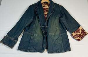 Ashley Stewart Denim Blazer Jacket Size 14W Burgundy Damask Print Lined